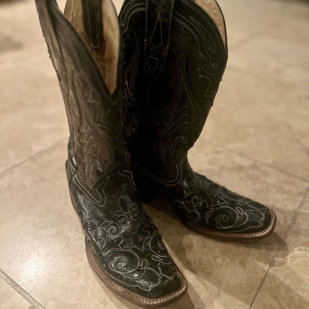 Corral Distressed Black Genuine Leather Snake Inlay Square Toe Western Boots